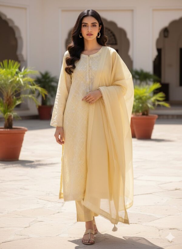 Light Yellow Chikankari-style Suit (3-Piece) Stitched