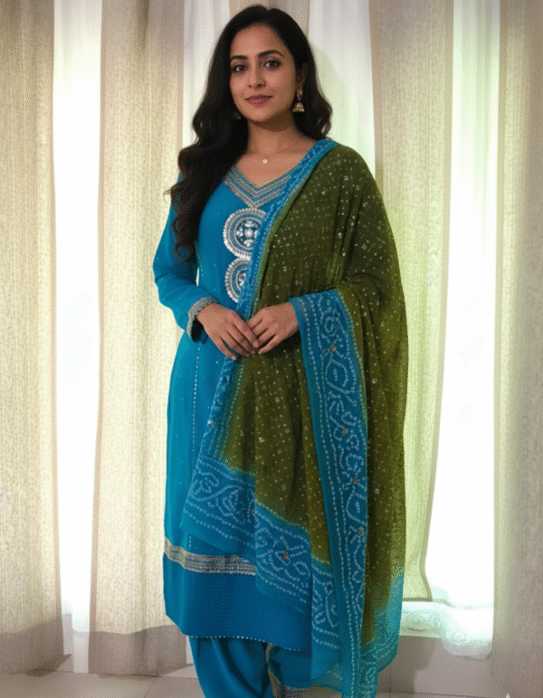Teal Blue and Olive Green Sitara Work Suit (3-Piece)