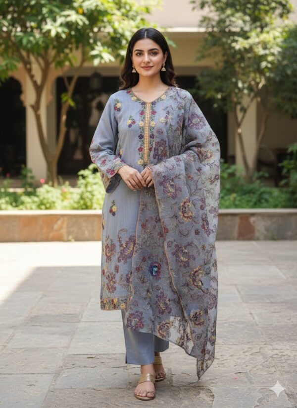 3 Pc Embroidered Cotton Net | Grey Blue | Stitched