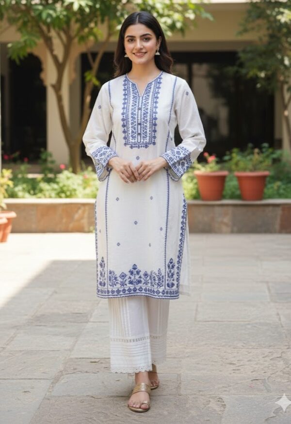 2 Pc White & Blue Embroidered Khaddar Suit