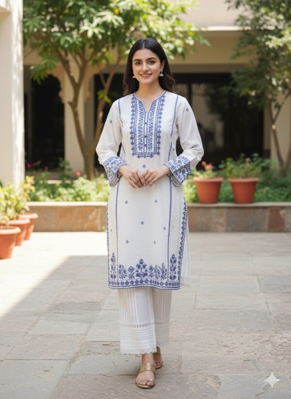 2 Pc White & Blue Embroidered Khaddar Suit