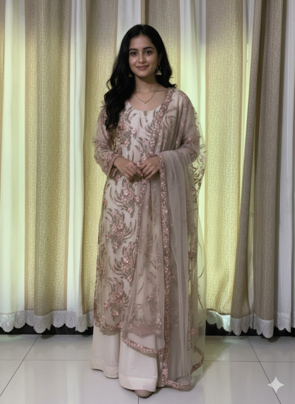 Elegant Embroidered 3-Piece Suit with Shalwar – Soft Beige & Blush Pink
