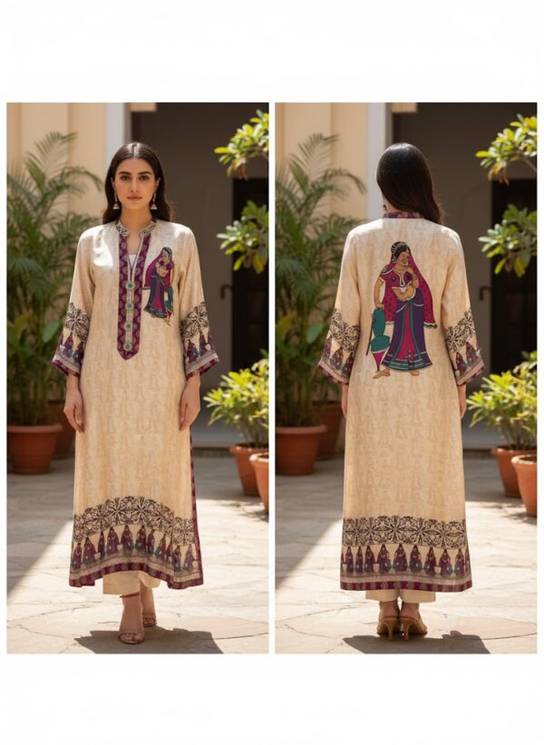 Digital Print 2 Pc Silk Suit | Beige